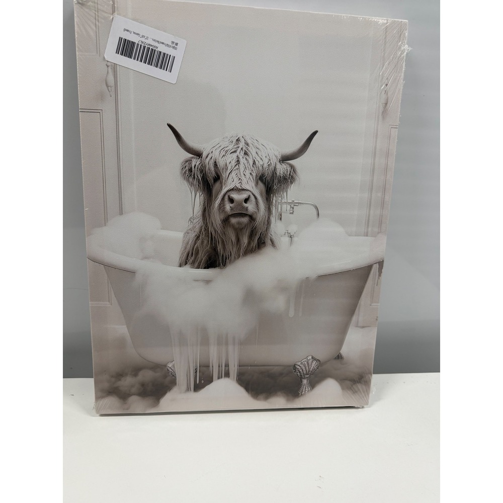Highland Cow in Bathtub Canvas Wall Art 12x16 Farmhouse Bathroom Decor Sepia
